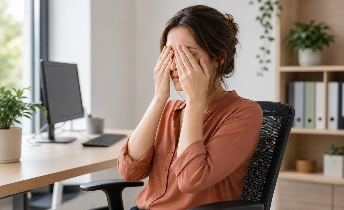 Frau macht Palmieren als kurze Augenpause im Büro