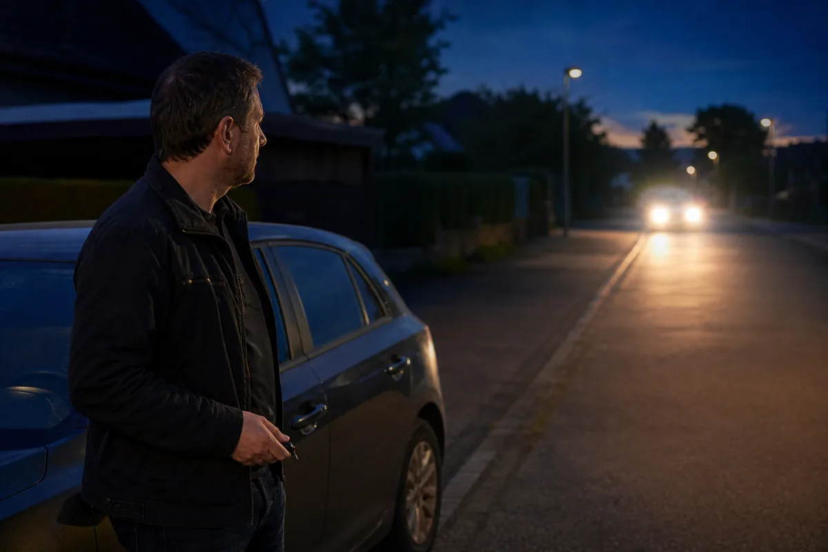 Person steht bei Dämmerung neben einem geparkten Auto und wird von Scheinwerfern geblendet