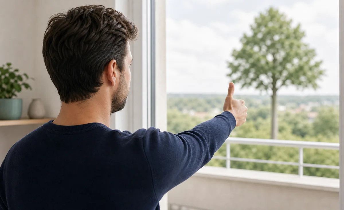 Person übt den Nah-Fern-Wechsel mit einem Daumen und Blick zum Baum in der Ferne