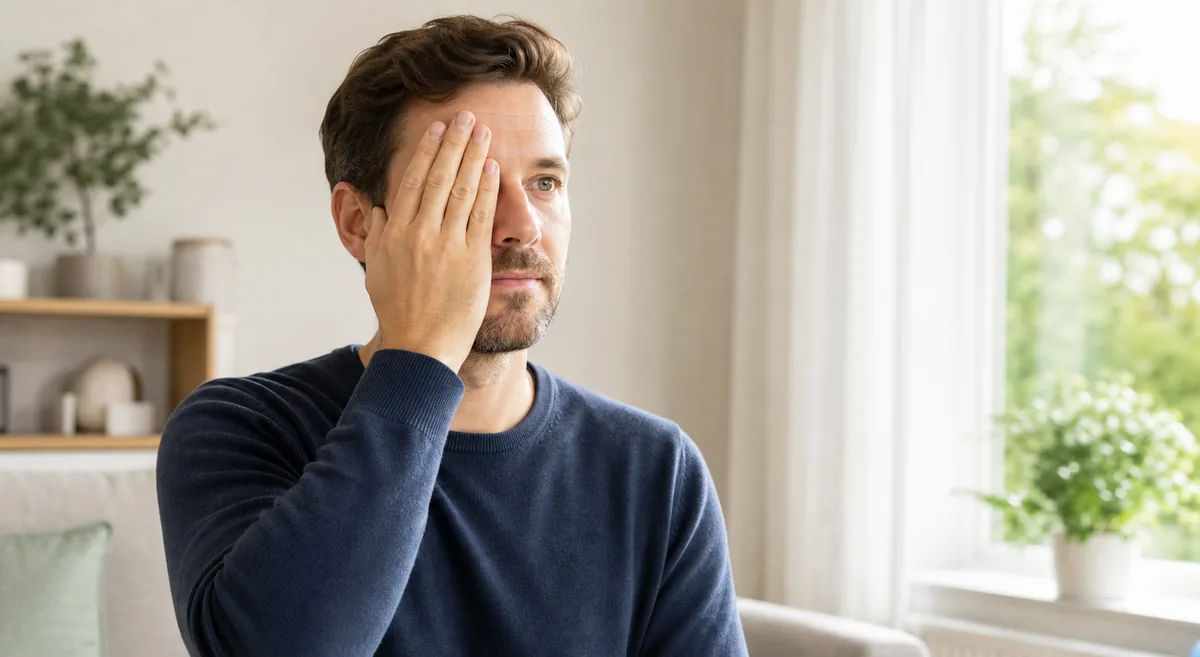 Mann deckt ein Auge ab und blickt in die Ferne
