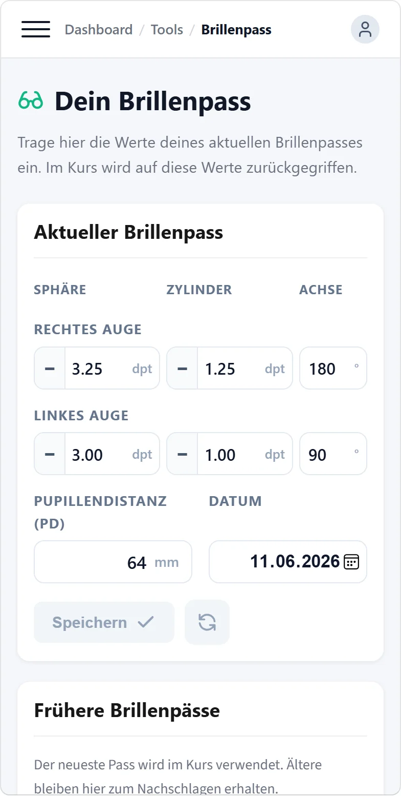 Brillenpass-Tool auf dem Smartphone